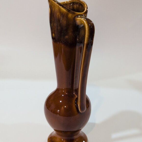 Vintage MCM Carmel Brown Glaze Drip Ceramic Pottery Pitcher Vase Japan 7" Tall - Picture 2 of 7